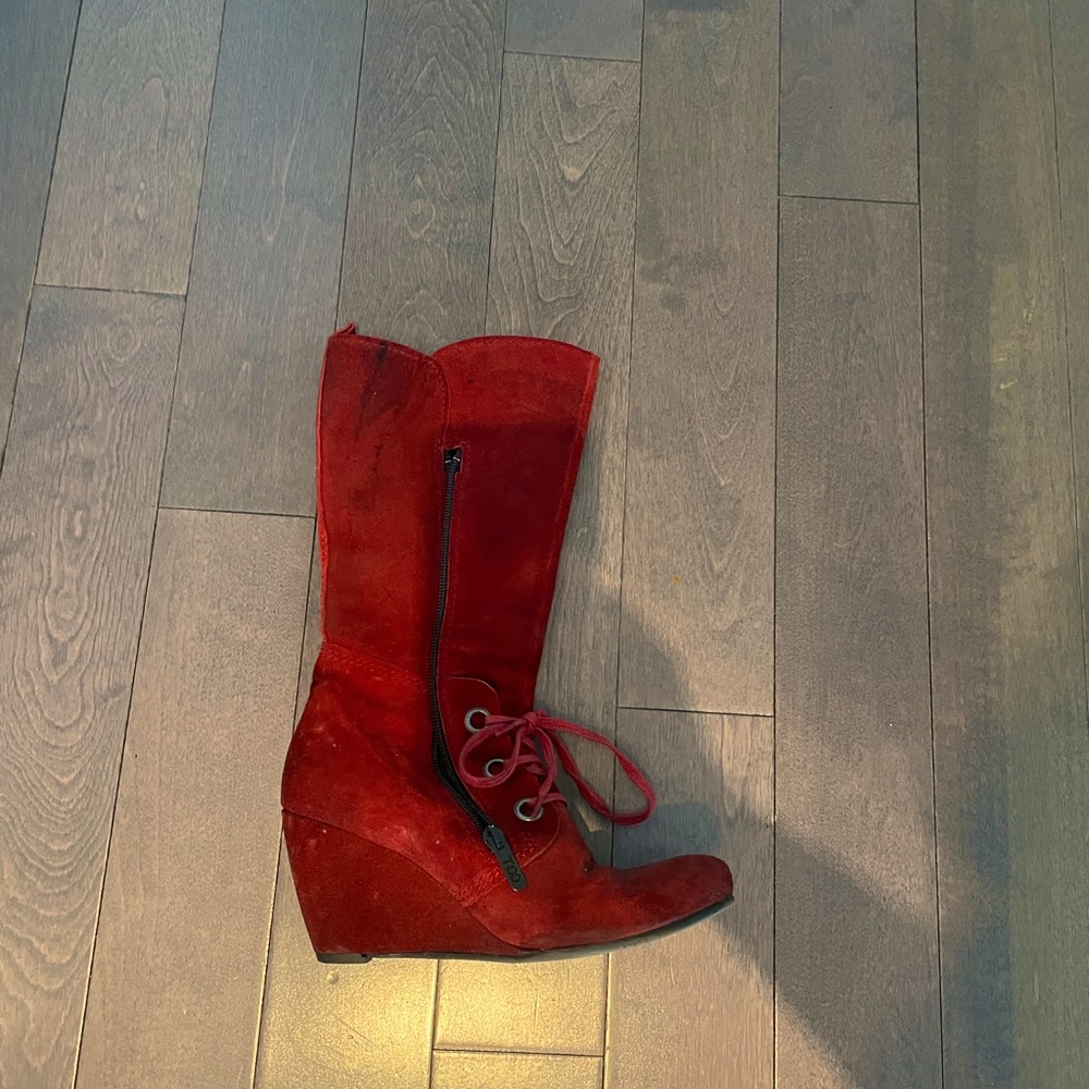 Suede Mid Calf Red Wedge Boot